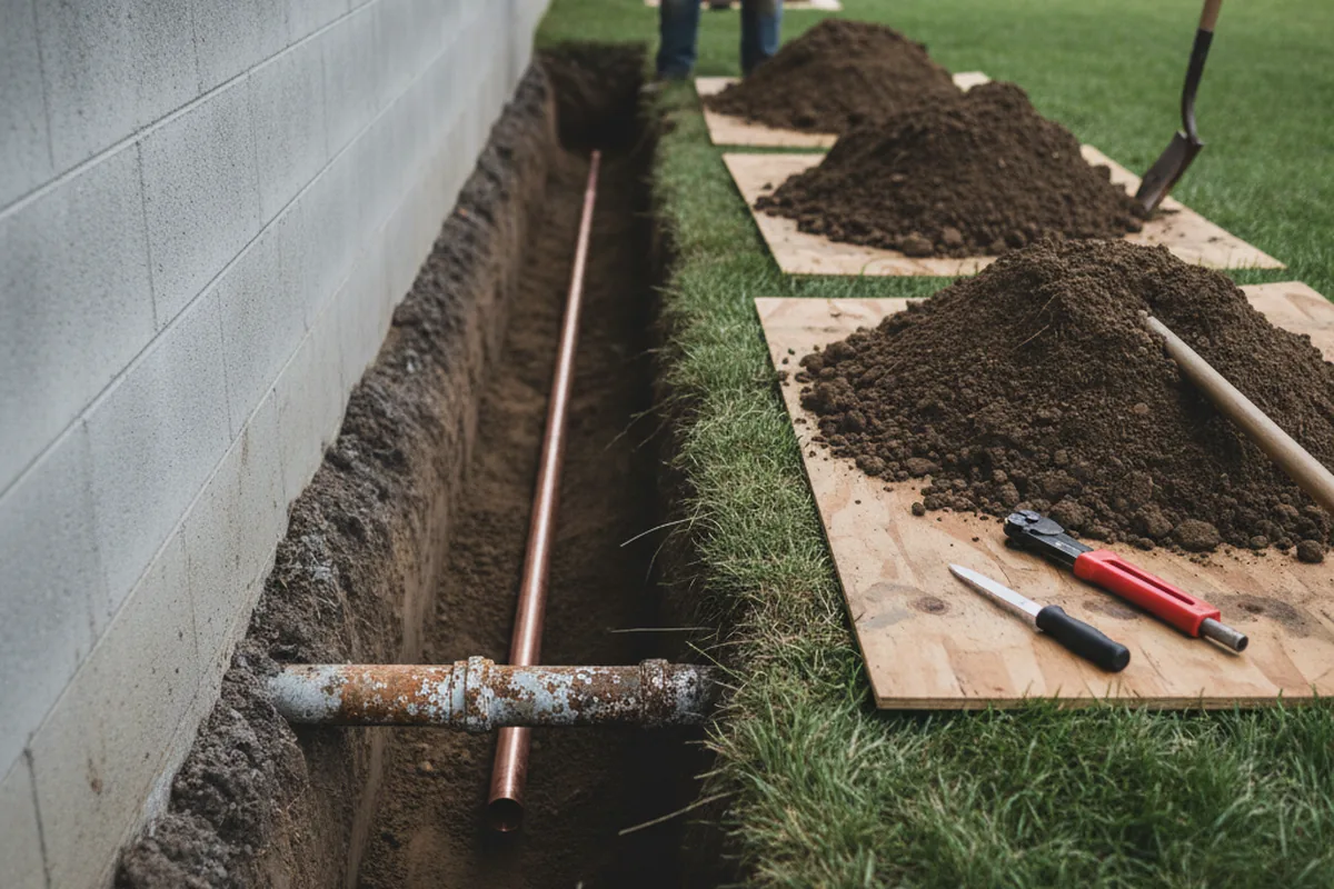 Excavated water line trench during Sewer Line Repair in Dubuque